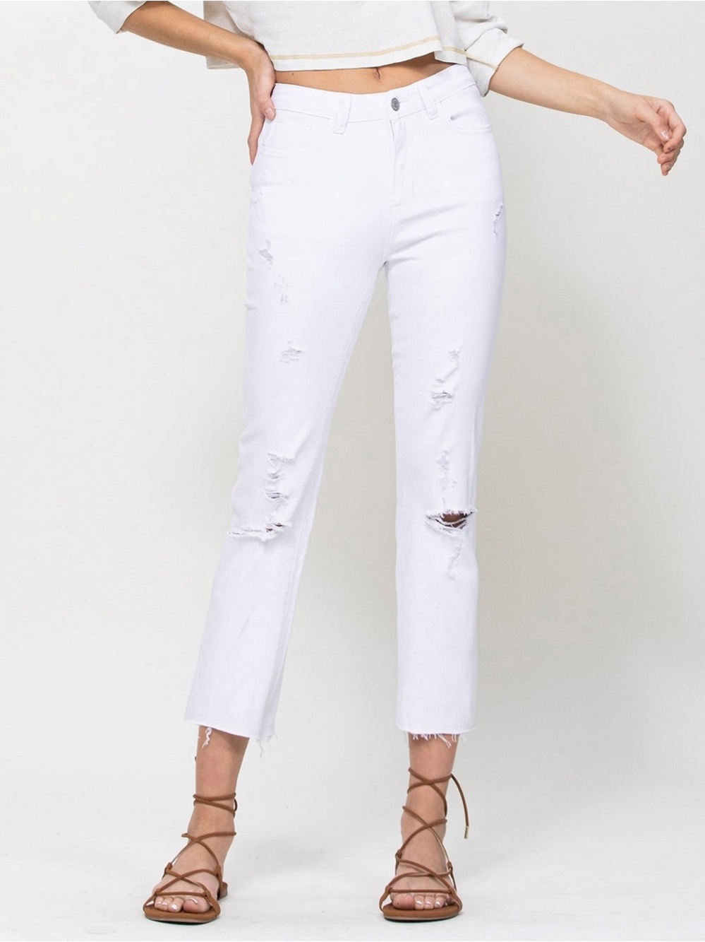 flying monkey: high rise clean cut and fray hem detail crop straight jean 28